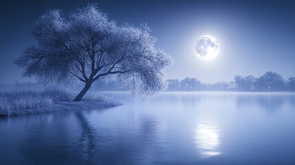 Serene winter night landscape with a solitary tree reflecting in calm water under a full moon.