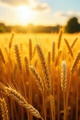 Fototapeta premium Golden wheat field ready for harvest, sun shining on ripe stalks, abundant crop, rural landscape , field, pastry, landscape
