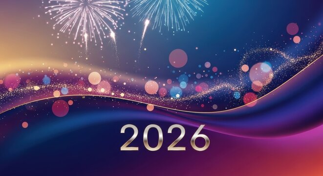 Celebrate 2026 New Year's Eve with vibrant fireworks and bokeh lights for a festive, modern background or stylish party invitation design