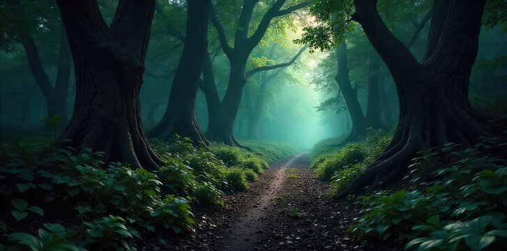 Dark, shadowy forest path disappearing into ominous depths; gnarled trees, tangled undergrowth, dappled sunlight barely penetrates the canopy, sense of mystery and potential danger , ominous, horror