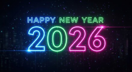 Bright neon Happy New Year 2026 greetings with vibrant colors perfect for social media posts and festive marketing campaigns
