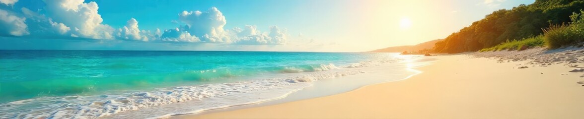 Fototapeta premium Sun-drenched expanse of golden sand meets a calm, turquoise sea under a vibrant sky Perfect for travel, vacation, and summer themes Tranquil beach scene with natural beauty , turquoise, nature