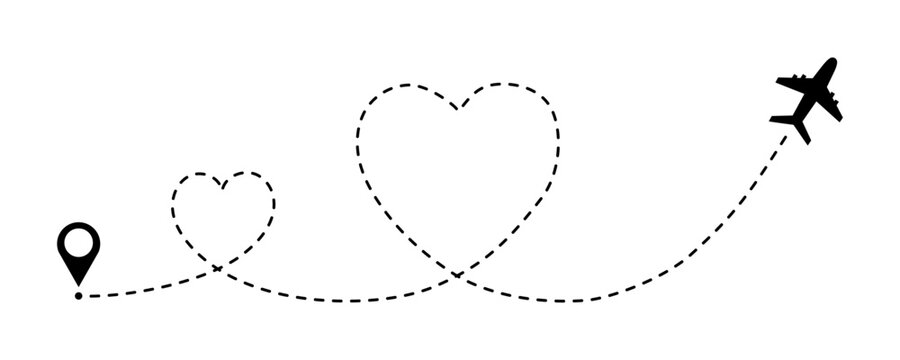 Airplane flight heart path doodle icon. Dotted map route for travel and journey, dash line air plane route. Vector illustration isolated on white background