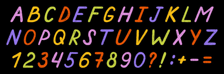 Crayon english alphabet doodle set. Chalk pencil font, school wax kid letters in sketch style. Hand drawn vector illustration isolated on black background.