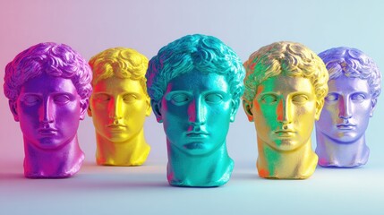 Vibrant colorful classical busts standing on gradient background