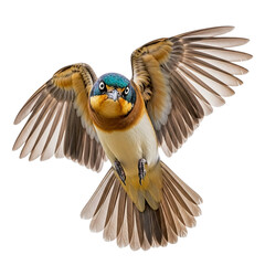 A colorful swallow bird mid flight with wings spread against a solid black background image capture