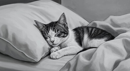 Adorable Tired Cat Napping Under Soft Blanket 