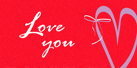 A red Valentine-themed poster, banner, card, cover, bg featuring handwritten bold LOVE YOU text, a large heart outlined in soft purple with a delicate bow ribbon. Modern romantic greeting layout