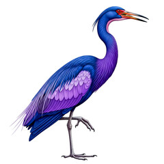 A blue and purple heron standing on one leg against a black background with its head turned right