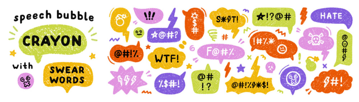 Comic crayon speech bubble with swear word and hate doodle. Hand drawn chalk grumpy text balloon with curse or insult in sketch style. Pencil rude profanity censorship in scribble talk cloud