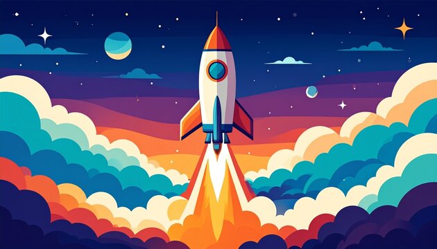 A stylized vector poster of a rocket launch at night