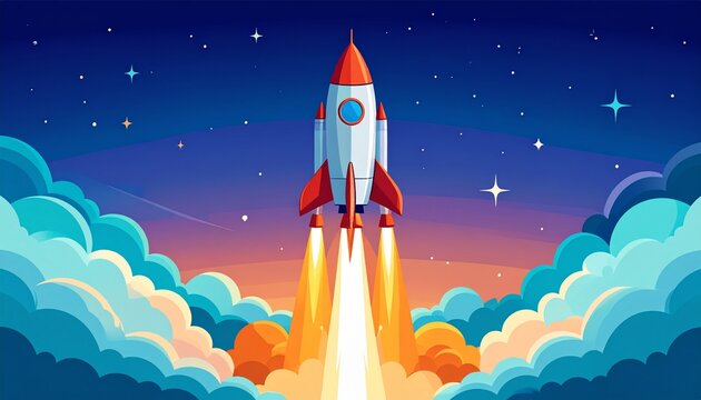 A stylized vector poster of a rocket launch at night