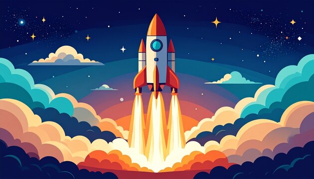 A stylized vector poster of a rocket launch at night - Powered by Adobe