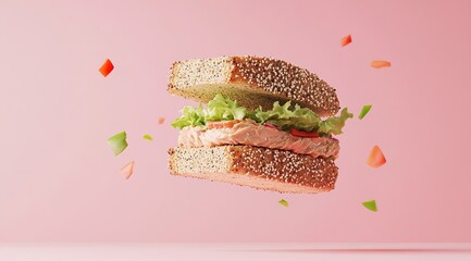 Floating Tuna Sandwich with Ingredients on Pink Background, Ai Generated