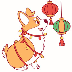 Whimsical Corgi feeling Cheerful in a Lunar New Year / Chinese New Year setting with wrapped in fairy lights – colored in Year of the Dragon (or relevant animal)
