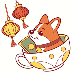 Year of the Dragon (or relevant animal) themed SVG: Grumpy Corgi with in a teacup in a Lunar New Year / Chinese New Year environment