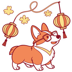 SVG art: A Funny Corgi in a Lunar New Year / Chinese New Year vibe with wearing glasses, tinted with Year of the Dragon (or relevant animal) tones