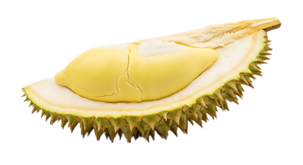 Close up of a slice of durian fruit with visible thorns and creamy yellow flesh on a black background