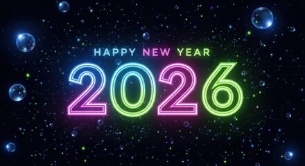 Exciting 2026 Happy New Year celebration with vibrant neon lights and sparkling space background for festive season greetings and holiday promotions