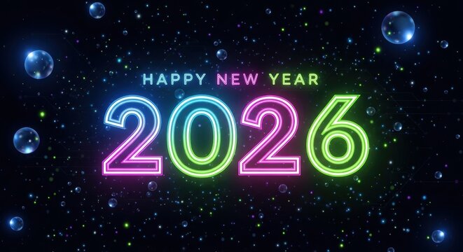 Exciting 2026 Happy New Year celebration with vibrant neon lights and sparkling space background for festive season greetings and holiday promotions