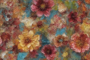 Abstract textured painting blending warm oranges, reds and browns with cool teal bluesevoking autumn leaves or swirling clouds in impressionistic brushstrokes.