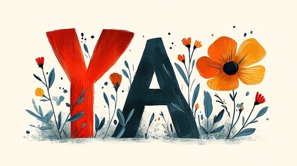 Vibrant Watercolor Illustration of the Letters "YA" Surrounded by Blooming Wildflowers in a Whimsical Style