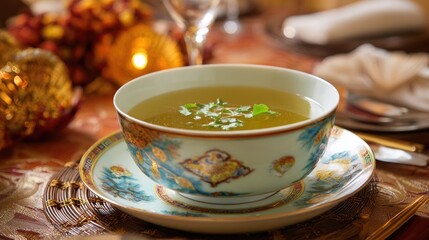 Warm clear soup in ornate bowl, elegant dining