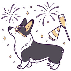 Vector illustration of a Loving Corgi with wearing glasses, styled in a New Year's Eve/Day theme using New Beginnings colors