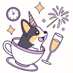 New Beginnings themed SVG: Amused Corgi with in a teacup in a New Year's Eve/Day environment