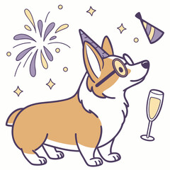 An adorable Corgi with a Curious vibe, wearing glasses, and a New Beginnings New Year's Eve/Day theme – SVG style