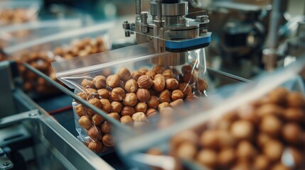 Close-up production line packaging hazelnuts in transparent bags — automated nut packing