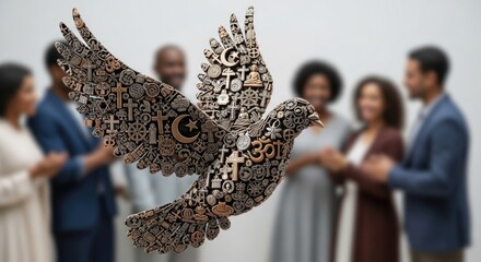 Dove of symbols, peace and acceptance, different beliefs united, diverse group observing, harmony and understanding, spiritual connection, hope.