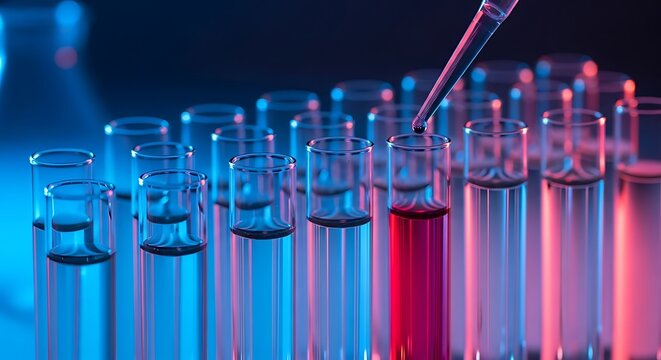 Scientific experiment with a chemical dropper adding liquid to test tubes in a modern laboratory under blue and red neon lights.