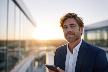 Confident businessman smiling while using smartphone on rooftop during sunset
