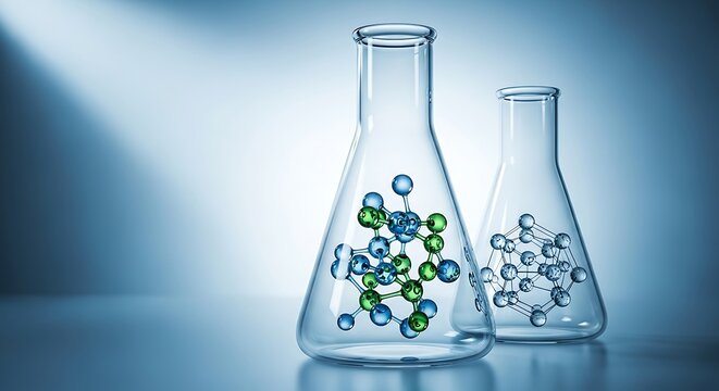 Two conical laboratory flasks displaying complex blue and green molecular structures, symbolizing chemistry, scientific research, and molecular biology on a reflective surface.
