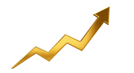 Arrow Graph, shiny golden showing upward trend, isolated on white or transparent background. PNG
