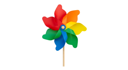Pinwheel Toy, colorful with red orange yellow green blue petals on wooden stick, isolated on white or transparent background. PNG
