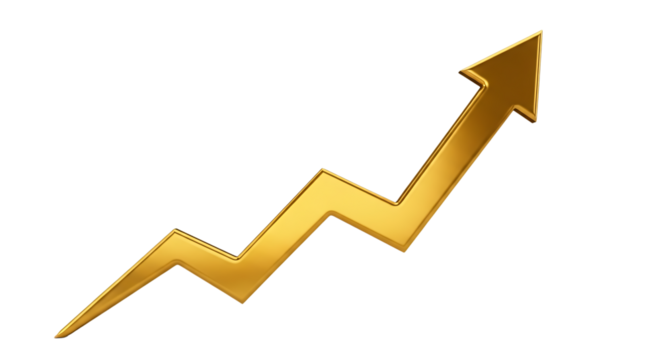 Arrow Graph, shiny golden showing upward trend, isolated on white or transparent background. PNG