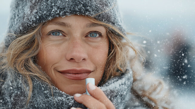 A woman with bright eyes in a winter hat and scarf applies lip balm during a light snowfall. She is outdoors, smiling softly. Soft, diffuse lighting creates a calming mood
