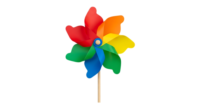 Pinwheel Toy, colorful with red orange yellow green blue petals on wooden stick, isolated on white or transparent background. PNG