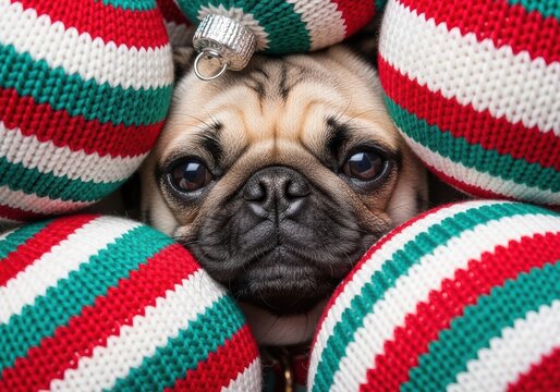Cute pug dog peeking through Christmas ornaments, holiday season