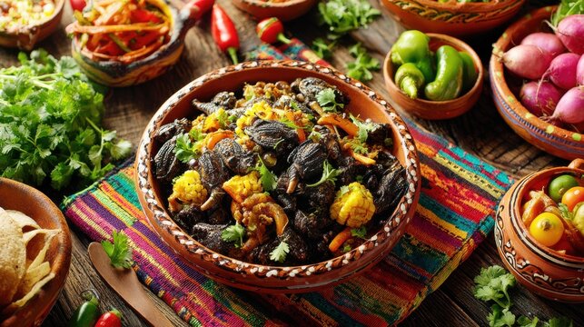 Traditional Mexican chicatana stew with corn on rustic table