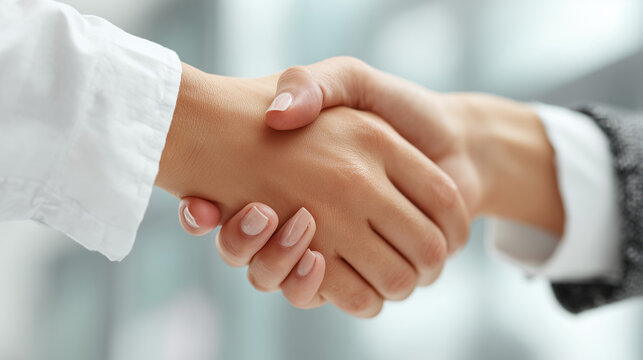 Close-up handshake between recruiter and job applicant, blurred office background, clean corporate style, confident greeting - Powered by Adobe