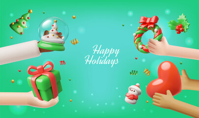 Fototapeta premium Happy holidays, New Year and Christmas 3D vector banner, diverse hands holding gift box, heart, Christmas decorations