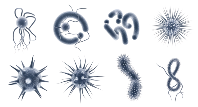 Microscopic Organisms, diverse collection with various shapes and flagella, isolated on white or transparent background. PNG