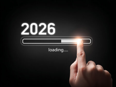 Black digital loading bar shows 2026, hand clicks. Concept for next year, posters, websites.