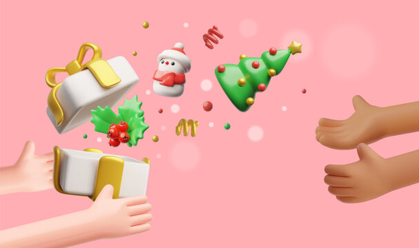 3D hands passing a gift box, from which emerges a Christmas tree, snowman, and holly branch.