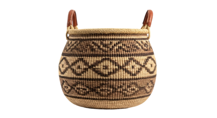 Basket, woven round with geometric patterns and leather handles, isolated on white or transparent background. PNG