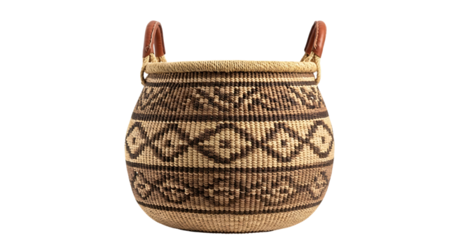 Basket, woven round with geometric patterns and leather handles, isolated on white or transparent background. PNG