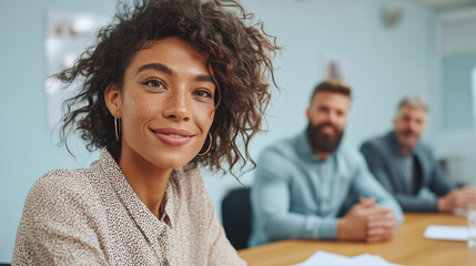 Corporate interview moment, diverse professionals, documents on table, serious yet friendly atmosphere, clean interior